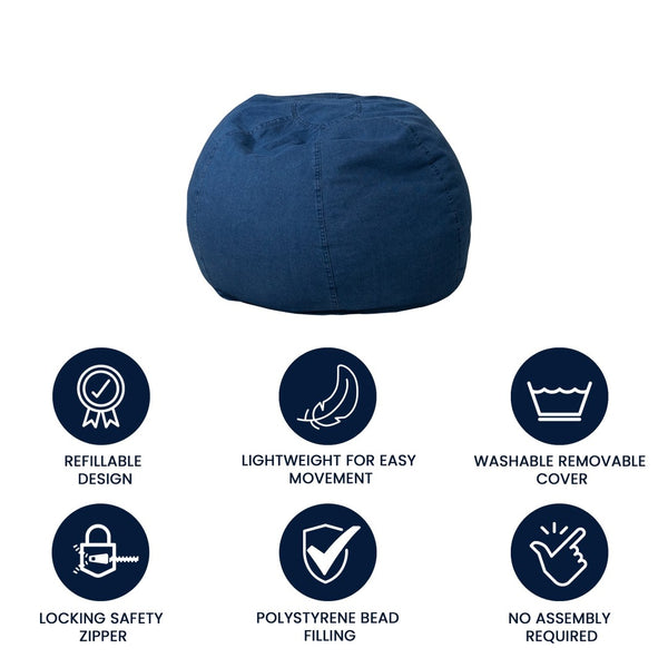 English Elm Dillon Refillable Bean Bag Chair for Kids and Teens - Comfy, Durable, Easy-Clean Fun Seating Option Denim DG-BEAN-SMALL-DENIM-GG