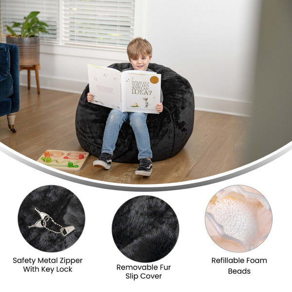 English Elm Dillon Refillable Bean Bag Chair for Kids and Teens - Comfy, Durable, Easy-Clean Fun Seating Option Black Furry DG-BEAN-SMALL-FUR-BK-GG