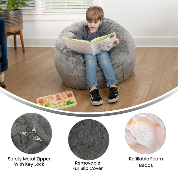 English Elm Dillon Refillable Bean Bag Chair for Kids and Teens - Comfy, Durable, Easy-Clean Fun Seating Option Gray Furry DG-BEAN-SMALL-FUR-GY-GG