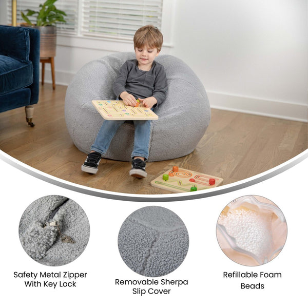 English Elm Dillon Cozy Refillable Bean Bag Chair for Kids and Teens - Soft, Portable, Easy-Clean Seating Solution Gray Sherpa DG-BEAN-SMALL-SHERPA-GY-GG