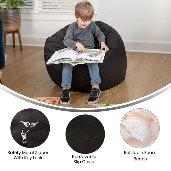 English Elm Dillon Refillable Bean Bag Chair for Kids and Teens - Comfy, Durable, Easy-Clean Fun Seating Option Black DG-BEAN-SMALL-SOLID-BK-GG