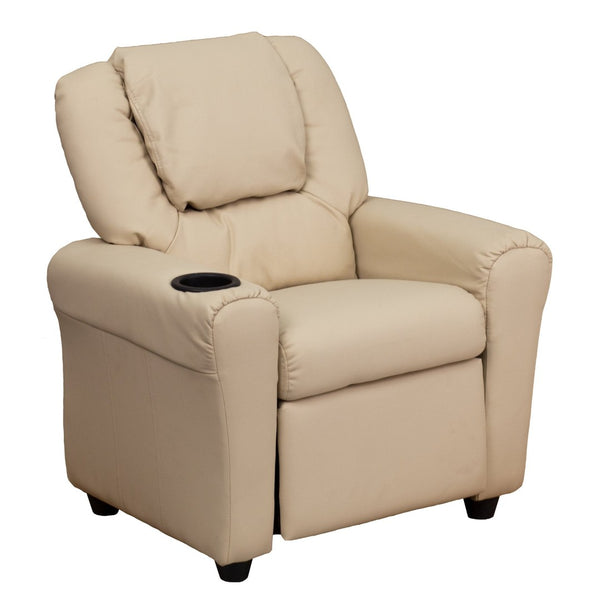 English Elm Vana Cozy Kids Recliner with Cup Holder, Headrest & Safety Features - Perfect for Playtime & Relaxation Beige Vinyl DG-ULT-KID-BGE-GG