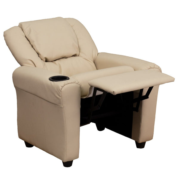 English Elm Vana Cozy Kids Recliner with Cup Holder, Headrest & Safety Features - Perfect for Playtime & Relaxation Beige Vinyl DG-ULT-KID-BGE-GG