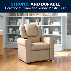 English Elm Vana Cozy Kids Recliner with Cup Holder, Headrest & Safety Features - Perfect for Playtime & Relaxation Beige Vinyl DG-ULT-KID-BGE-GG