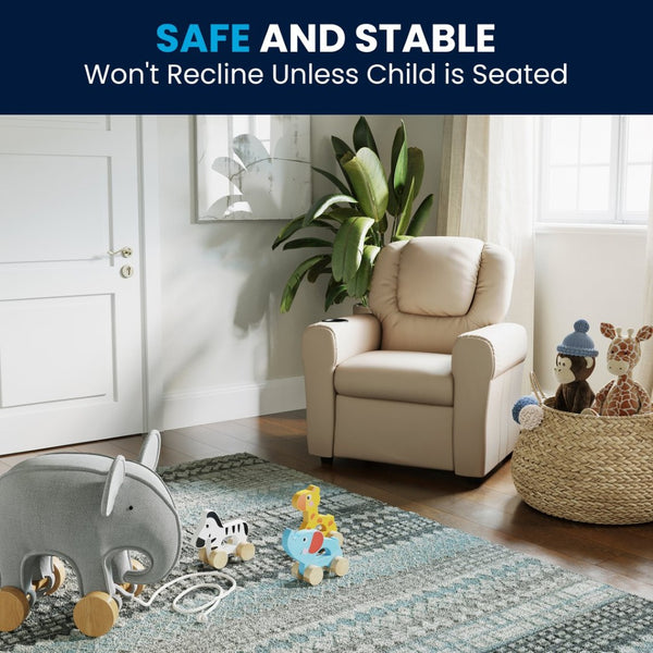 English Elm Vana Cozy Kids Recliner with Cup Holder, Headrest & Safety Features - Perfect for Playtime & Relaxation Beige Vinyl DG-ULT-KID-BGE-GG