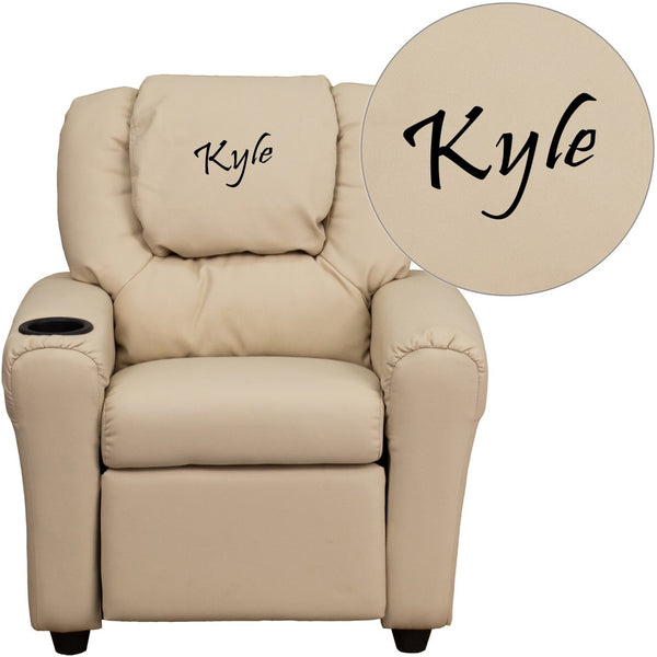 English Elm Personalized Kids Recliner with Cup Holder, Plush Comfort, Safe Design for Playtime & Relaxation Beige Vinyl DG-ULT-KID-BGE-TXTEMB-GG