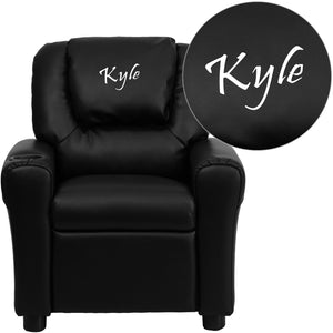 English Elm Personalized Kids Recliner with Cup Holder, Plush Comfort, Safe Design for Playtime & Relaxation Black LeatherSoft DG-ULT-KID-BK-TXTEMB-GG