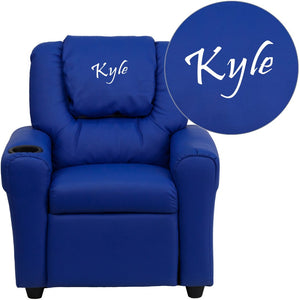 English Elm Personalized Kids Recliner with Cup Holder, Plush Comfort, Safe Design for Playtime & Relaxation Blue Vinyl DG-ULT-KID-BLUE-TXTEMB-GG