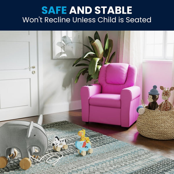 English Elm Vana Cozy Kids Recliner with Cup Holder, Headrest & Safety Features - Perfect for Playtime & Relaxation Hot Pink Vinyl DG-ULT-KID-HOT-PINK-GG