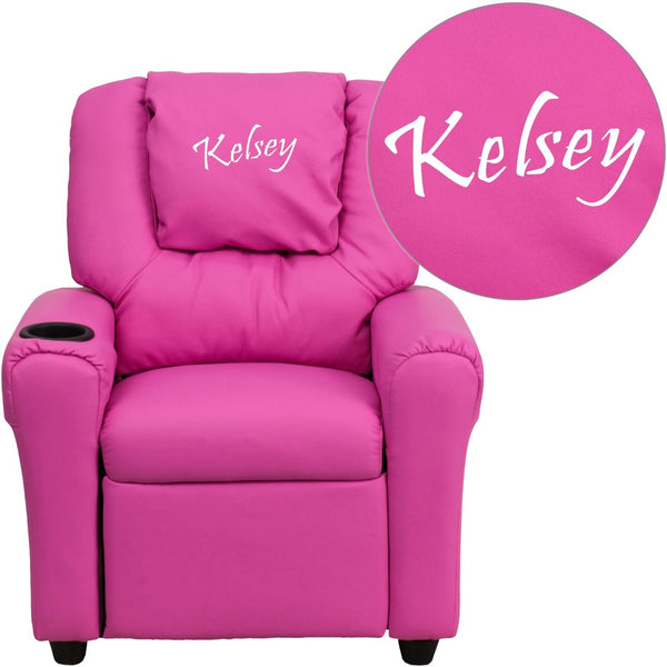 English Elm Personalized Kids Recliner with Cup Holder, Plush Comfort, Safe Design for Playtime & Relaxation Hot Pink Vinyl DG-ULT-KID-HOT-PINK-TXTEMB-GG