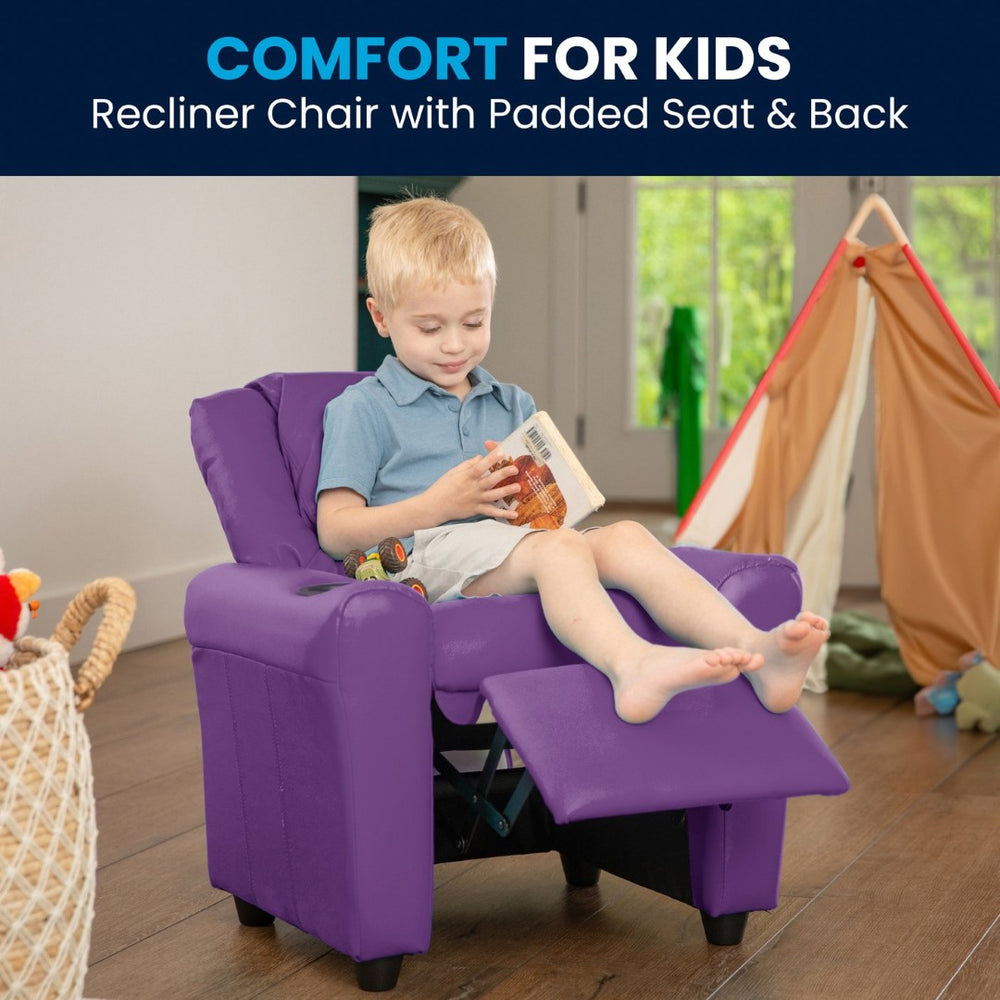 English Elm Vana Cozy Kids Recliner with Cup Holder, Headrest & Safety Features - Perfect for Playtime & Relaxation Lavender Vinyl DG-ULT-KID-LAV-GG