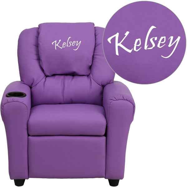 English Elm Personalized Kids Recliner with Cup Holder, Plush Comfort, Safe Design for Playtime & Relaxation Lavender Vinyl DG-ULT-KID-LAV-TXTEMB-GG