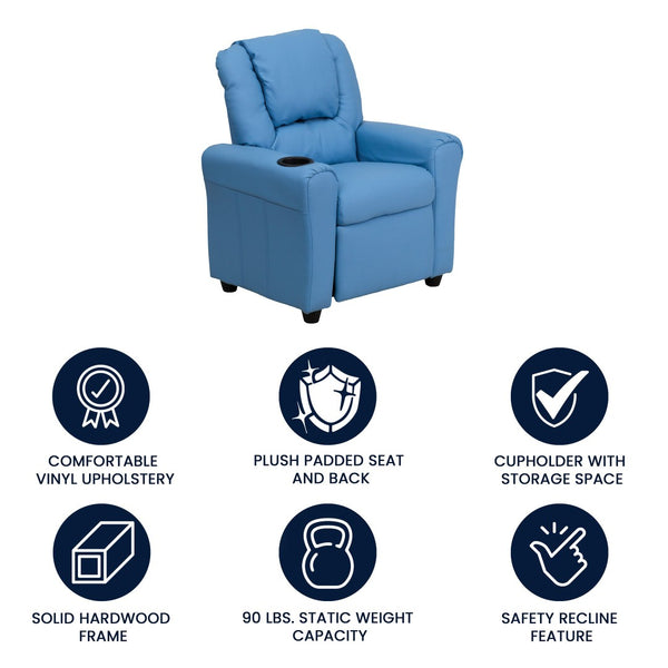 English Elm Vana Cozy Kids Recliner with Cup Holder, Headrest & Safety Features - Perfect for Playtime & Relaxation Light Blue Vinyl DG-ULT-KID-LTBLUE-GG