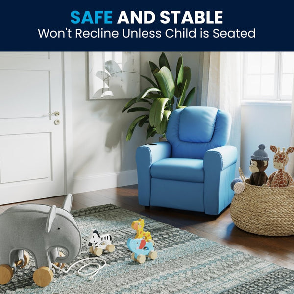 English Elm Vana Cozy Kids Recliner with Cup Holder, Headrest & Safety Features - Perfect for Playtime & Relaxation Light Blue Vinyl DG-ULT-KID-LTBLUE-GG