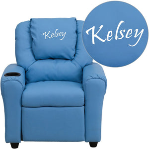 English Elm Personalized Kids Recliner with Cup Holder, Plush Comfort, Safe Design for Playtime & Relaxation Light Blue Vinyl DG-ULT-KID-LTBLUE-TXTEMB-GG