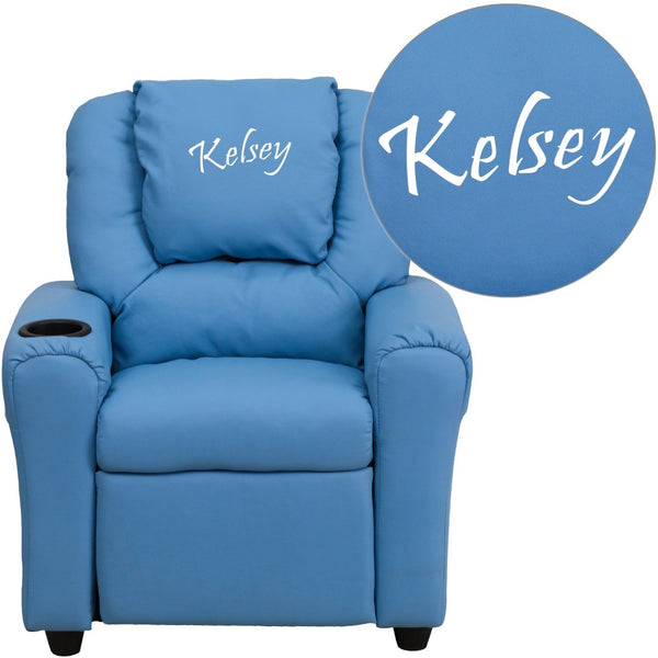 English Elm Personalized Kids Recliner with Cup Holder, Plush Comfort, Safe Design for Playtime & Relaxation Light Blue Vinyl DG-ULT-KID-LTBLUE-TXTEMB-GG