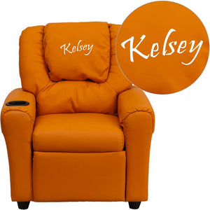 English Elm Personalized Kids Recliner with Cup Holder, Plush Comfort, Safe Design for Playtime & Relaxation Orange Vinyl DG-ULT-KID-ORANGE-TXTEMB-GG