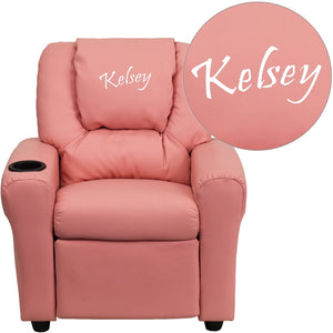 English Elm Personalized Kids Recliner with Cup Holder, Plush Comfort, Safe Design for Playtime & Relaxation Pink Vinyl DG-ULT-KID-PINK-TXTEMB-GG