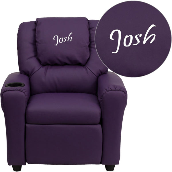 English Elm Personalized Kids Recliner with Cup Holder, Plush Comfort, Safe Design for Playtime & Relaxation Purple Vinyl DG-ULT-KID-PUR-TXTEMB-GG