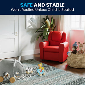 English Elm Vana Cozy Kids Recliner with Cup Holder, Headrest & Safety Features - Perfect for Playtime & Relaxation Red Vinyl DG-ULT-KID-RED-GG