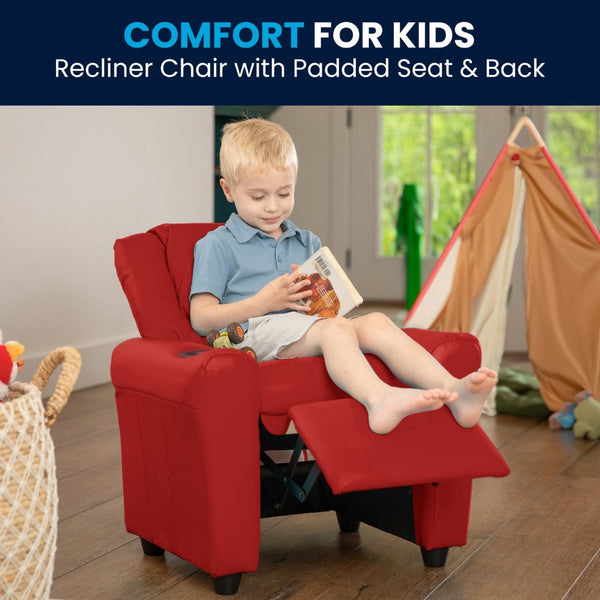 English Elm Vana Cozy Kids Recliner with Cup Holder, Headrest & Safety Features - Perfect for Playtime & Relaxation Red Vinyl DG-ULT-KID-RED-GG