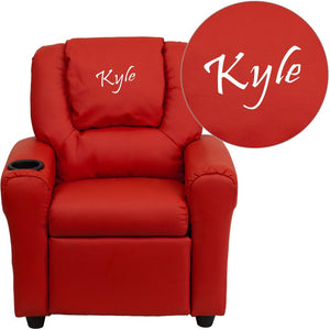 English Elm Personalized Kids Recliner with Cup Holder, Plush Comfort, Safe Design for Playtime & Relaxation Red Vinyl DG-ULT-KID-RED-TXTEMB-GG