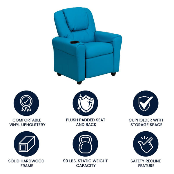 English Elm Vana Cozy Kids Recliner with Cup Holder, Headrest & Safety Features - Perfect for Playtime & Relaxation Turquoise Vinyl DG-ULT-KID-TURQ-GG