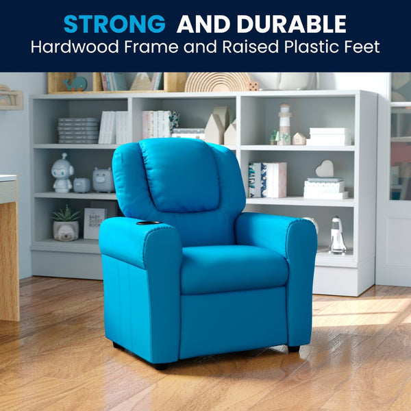English Elm Vana Cozy Kids Recliner with Cup Holder, Headrest & Safety Features - Perfect for Playtime & Relaxation Turquoise Vinyl DG-ULT-KID-TURQ-GG