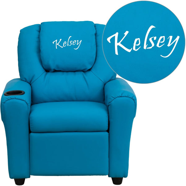 English Elm Personalized Kids Recliner with Cup Holder, Plush Comfort, Safe Design for Playtime & Relaxation Turquoise Vinyl DG-ULT-KID-TURQ-TXTEMB-GG
