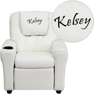 English Elm Personalized Kids Recliner with Cup Holder, Plush Comfort, Safe Design for Playtime & Relaxation White Vinyl DG-ULT-KID-WHITE-TXTEMB-GG