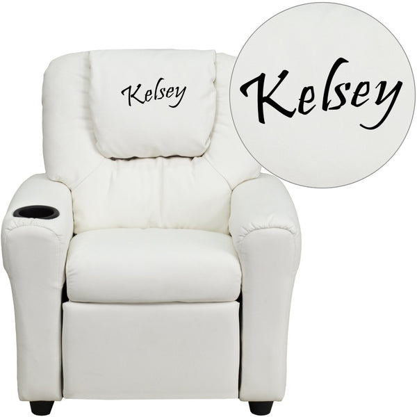 English Elm Personalized Kids Recliner with Cup Holder, Plush Comfort, Safe Design for Playtime & Relaxation White Vinyl DG-ULT-KID-WHITE-TXTEMB-GG