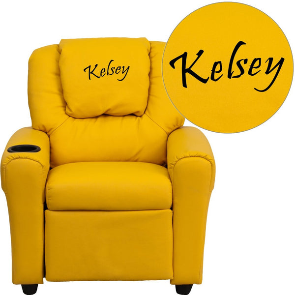 English Elm Personalized Kids Recliner with Cup Holder, Plush Comfort, Safe Design for Playtime & Relaxation Yellow Vinyl DG-ULT-KID-YEL-TXTEMB-GG