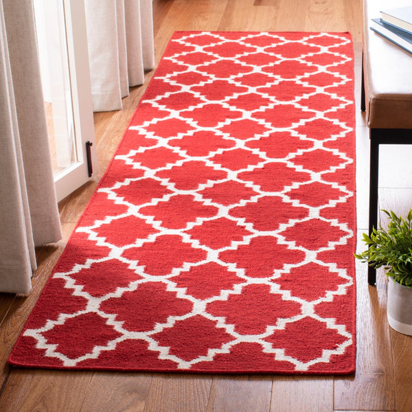 Safavieh Dhurries Handwoven Area Rug With Timeless Trellis Design - Luxurious Wool & Cotton For Any Space Red ,Ivory 80% Wool,20% Cotton Dhu566b-3
