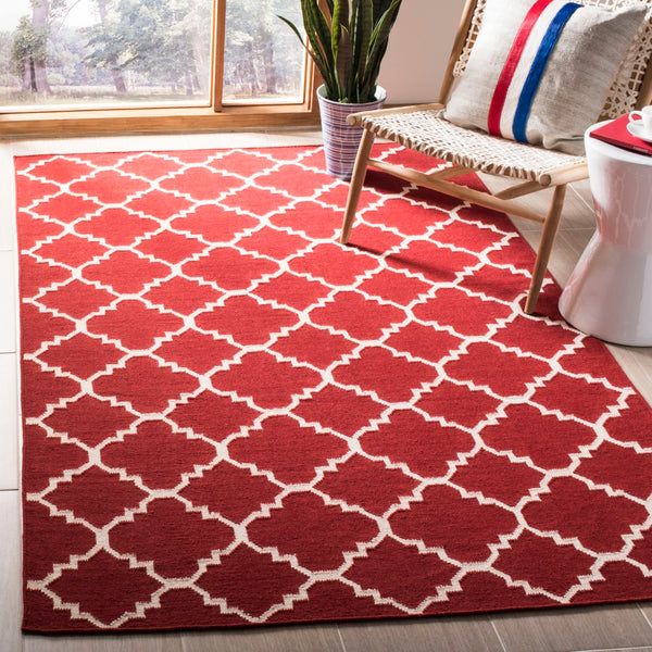 Safavieh Dhurries Handwoven Area Rug With Timeless Trellis Design - Luxurious Wool & Cotton For Any Space Red ,Ivory 80% Wool,20% Cotton Dhu566b-3