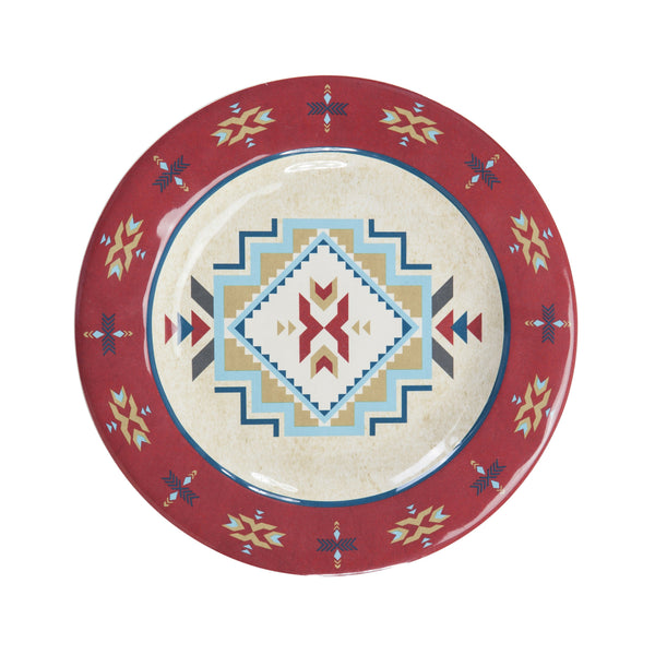 Hiend Accents Spirit Valley Melamine Dinner Plate Set - 4 Elegant Plates With Southwestern Aztec Designs Red,Cream,Blue Melamine Di2113dp04