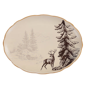 Hiend Accents White Pine Ceramic Serving Platter - Hand-drawn Deer Design For Rustic Dining & Entertaining Elegance Brown Ceramic Di2239sp-01-br