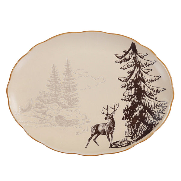 Hiend Accents White Pine Ceramic Serving Platter - Hand-drawn Deer Design For Rustic Dining & Entertaining Elegance Brown Ceramic Di2239sp-01-br