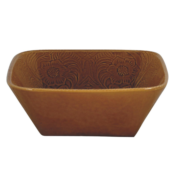 Hiend Accents Savannah Ceramic Serving Bowl - Elegant Embossed Floral Design, Textured Rim, Perfect For Any Decor Brown Ceramic Di4001sb-01-ms