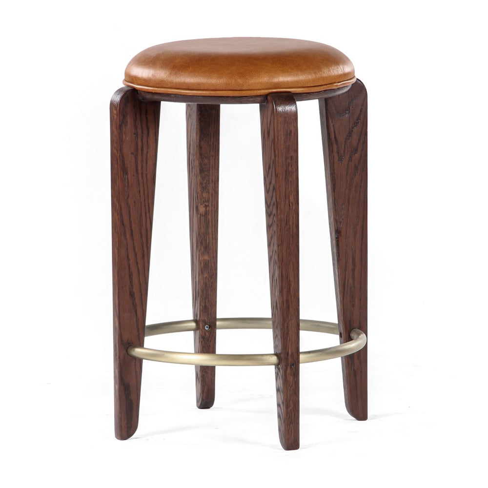 Union Home Quattro Counter Stool - Modern Café Design With Elegant Oak Legs And Luxurious Upholstered Cushion Mud Brown,Champange Brass Fsc Certified Oak Wood,Leather & Mild Steel Din00374