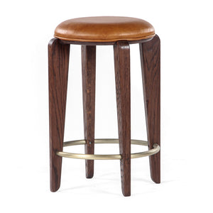 Union Home Quattro Counter Stool - Modern Café Design With Elegant Oak Legs And Luxurious Upholstered Cushion Mud Brown,Champange Brass Fsc Certified Oak Wood,Leather & Mild Steel Din00374