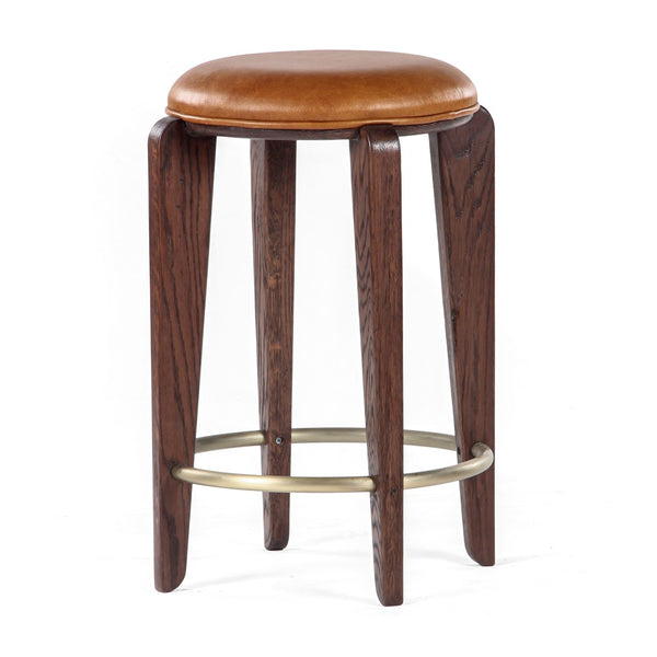 Union Home Quattro Counter Stool - Modern Café Design With Elegant Oak Legs And Luxurious Upholstered Cushion Mud Brown,Champange Brass Fsc Certified Oak Wood,Leather & Mild Steel Din00374