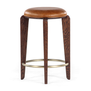 Union Home Quattro Counter Stool - Modern Café Design With Elegant Oak Legs And Luxurious Upholstered Cushion Mud Brown,Champange Brass Fsc Certified Oak Wood,Leather & Mild Steel Din00374