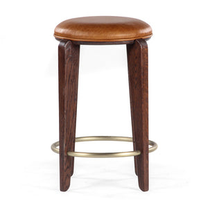 Union Home Quattro Counter Stool - Modern Café Design With Elegant Oak Legs And Luxurious Upholstered Cushion Mud Brown,Champange Brass Fsc Certified Oak Wood,Leather & Mild Steel Din00374