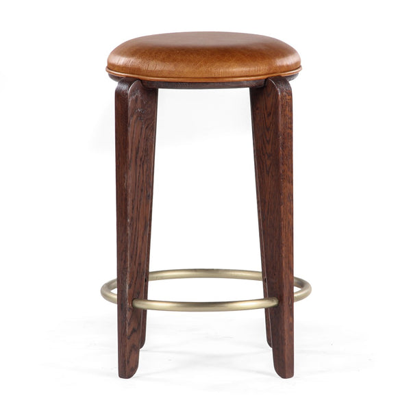 Union Home Quattro Counter Stool - Modern Café Design With Elegant Oak Legs And Luxurious Upholstered Cushion Mud Brown,Champange Brass Fsc Certified Oak Wood,Leather & Mild Steel Din00374