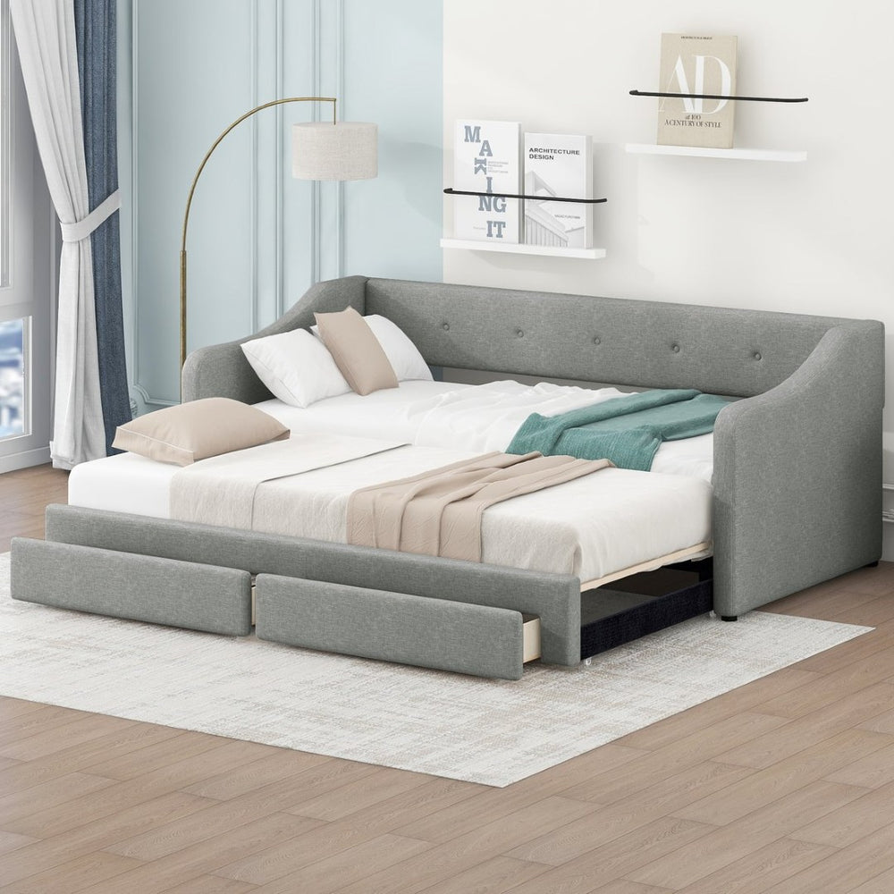 English Elm Twin Xl to King Convertible Daybed with Button Tufted Linen Upholstery and Storage DL002056AAD