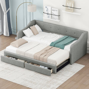 English Elm Twin Xl to King Convertible Daybed with Button Tufted Linen Upholstery and Storage DL002056AAD