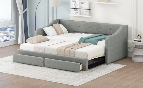 English Elm Twin Xl to King Convertible Daybed with Button Tufted Linen Upholstery and Storage DL002056AAD
