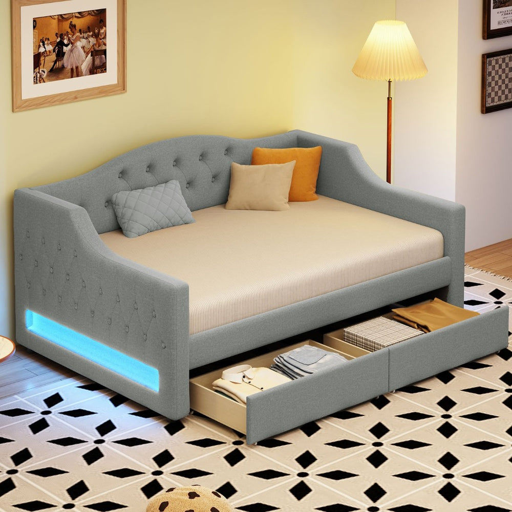 English Elm Upholstered Twin Xl Linen Daybed with Led Lighting and Dual Storage Drawers DL002060AAD