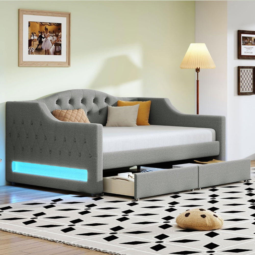 English Elm Upholstered Twin Xl Linen Daybed with Led Lighting and Dual Storage Drawers DL002060AAD