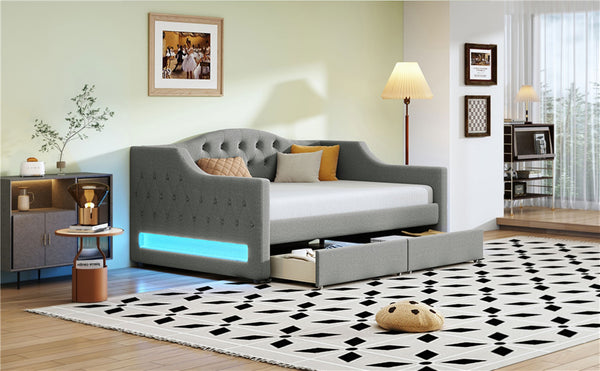 English Elm Upholstered Twin Xl Linen Daybed with Led Lighting and Dual Storage Drawers DL002060AAD